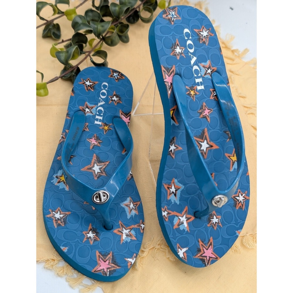 COACH Abbigail Star Size 5-6 Thong Sandals With Logo Summer Beachy Pool NEW (J)